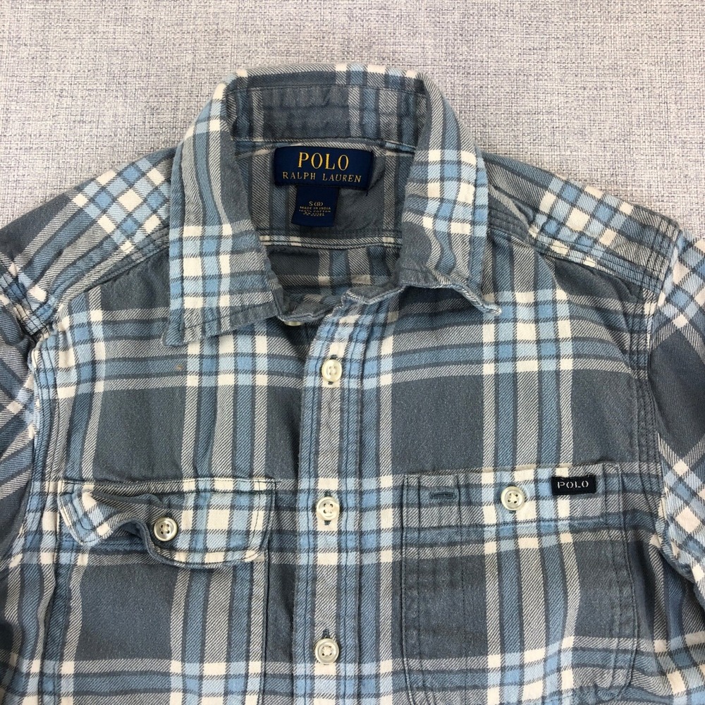 Polo Ralph Lauren Flannel Shirt Boys Youth Small 8 Blue Gray Plaid Pockets
